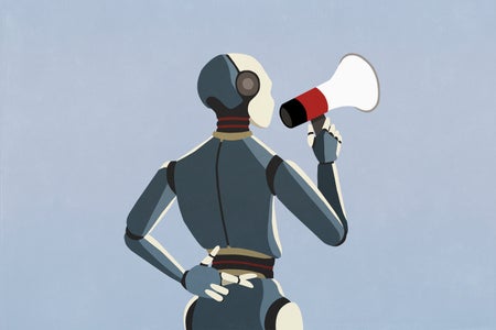 Alt Robot with bullhorn and fingers crossed behind back